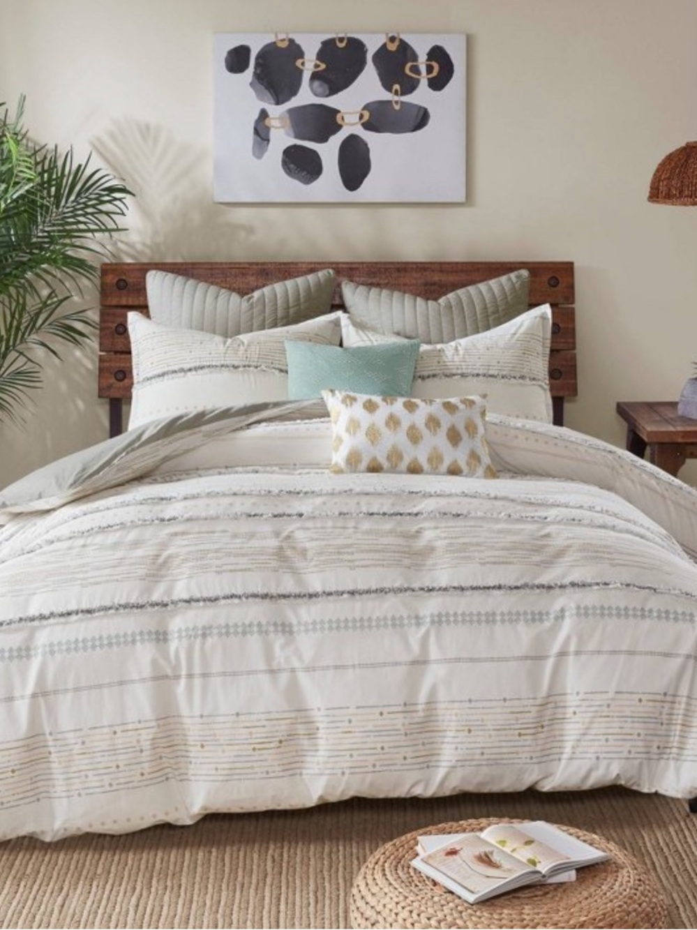Ink+Ivy Nea Neutral Stripe Fringe King Duvet Cover & shams boho shabby chic - Picture 3 of 10
